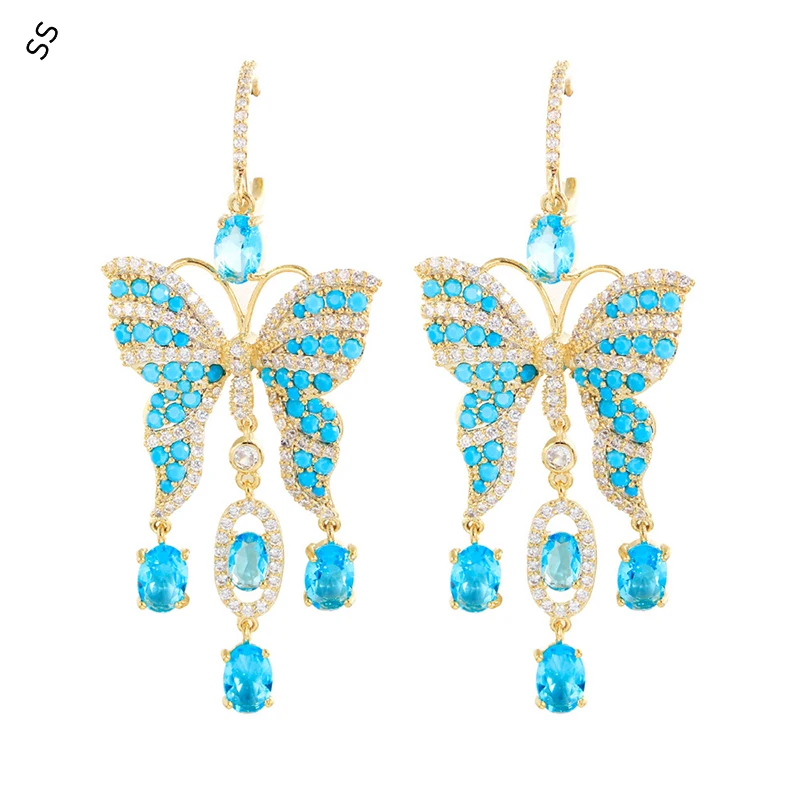 

New Super Fairy Light Luxury Blue Medium Long Fringed Butterfly Earrings S925 Silver Pin Heavy Handmade Zircon No Allergic Studs