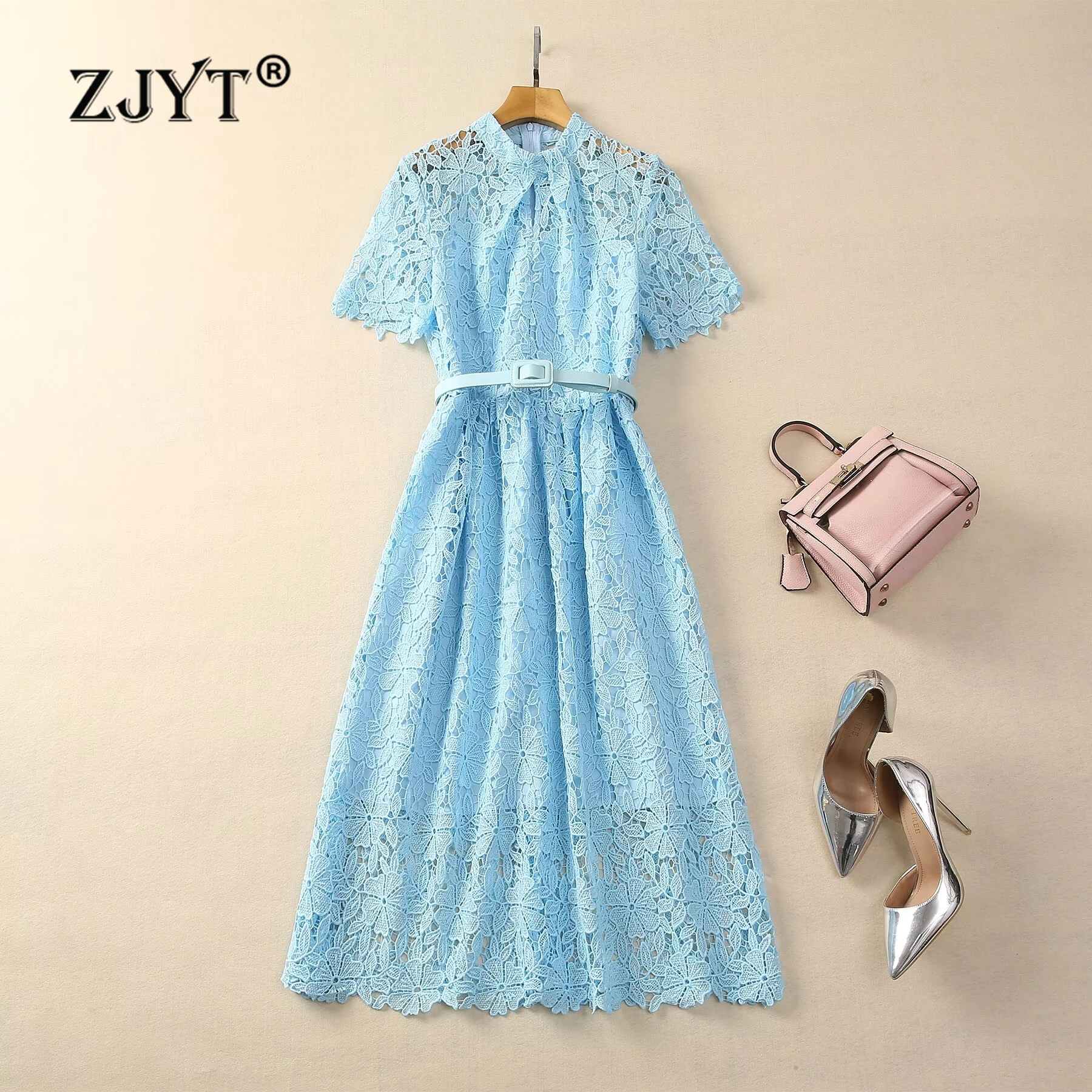 

ZJYT Summer Crochet Blue Lace Dresses for Women 2024 Runway Fashion Short Sleeve Midi Party Dress Elegant Hollow Out Vestidos