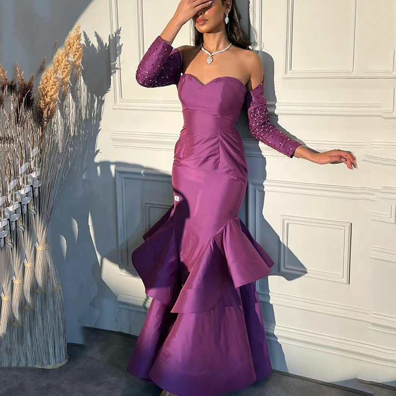 

Xijun Purple Sweetheart Mermaid Party Prom Dresses Tiered Beading Evening Gowns Saudi Arabia Detachable Sleeve Robe De Soiree