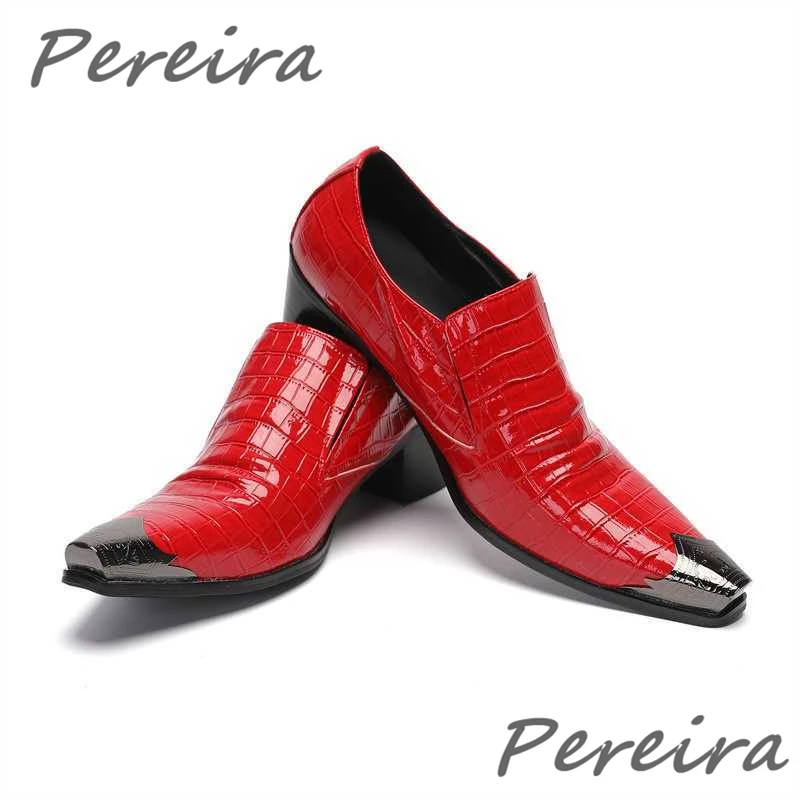 Red Metal Pointed Toe Men's Shoes Luxury High Heel Genuine Leather Loafers British Style Banquet Party Business Casual Shoes
