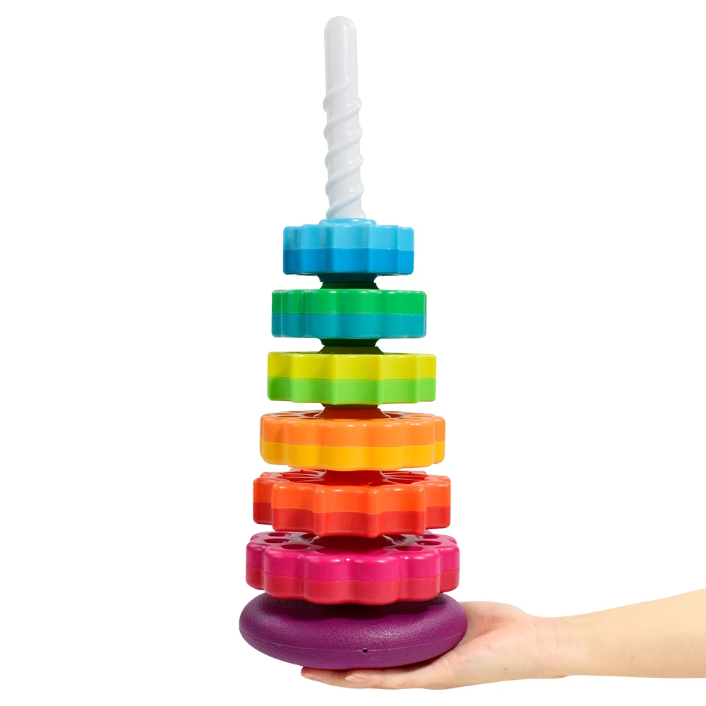 Montessori Rotating Rainbow Tower Baby Stacking Puzzle Toys Safety Early Educational Toy Colored Children's Toys Gift