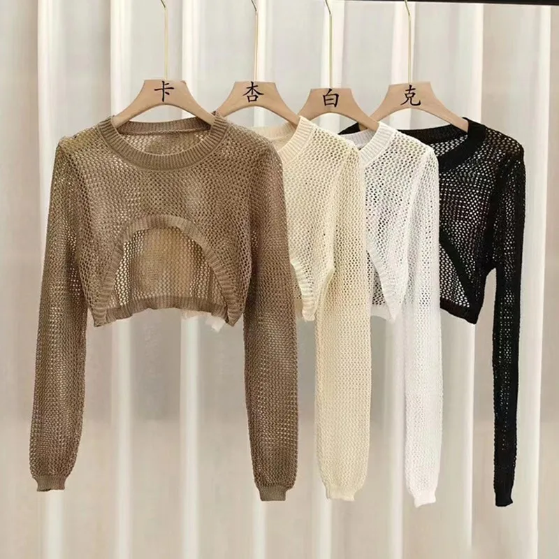 

Hollow Out Super Cropped Sweaters Women Solid Sweater O-Neck Cropped Sweater Pullover Crop Top Female Short Sleeve Shirts