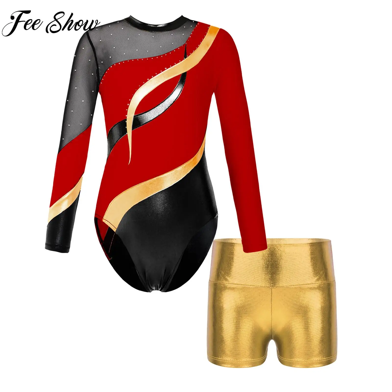 

Kids Girls Ballet Latin Dance Leotard Skating Suit Shiny Rhinestones Leotard with Shorts for Dance Gymnastics Athletics Workout
