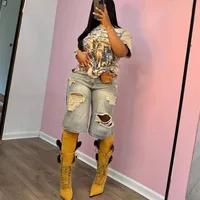 Europe America Summer New High-waisted Loose, Vintage, Ripped Denim Mid-length Straight-leg Wide-leg Pants. Casual Denim Shorts