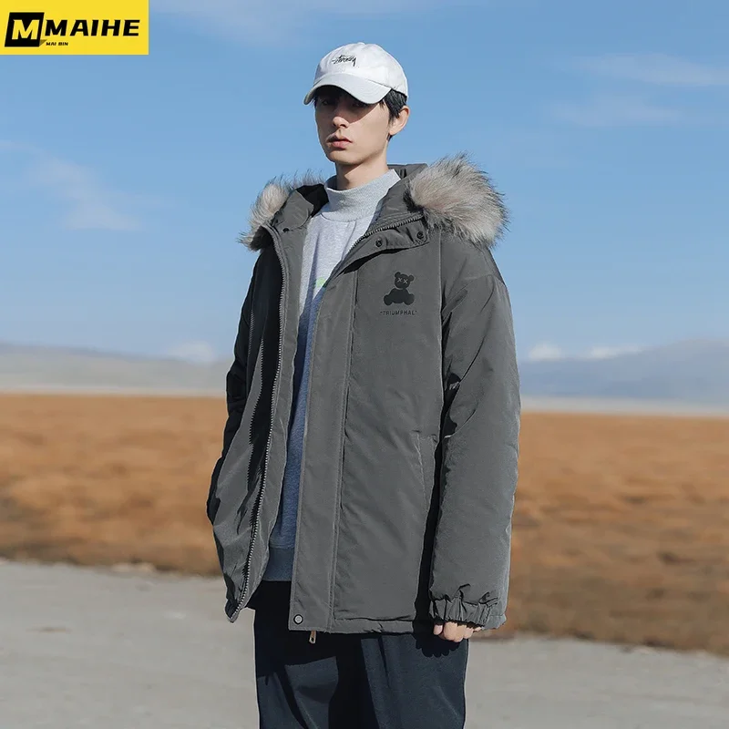 Down Jacket Men's Long Winter Cold-proof Detachable Fur Collar Colorful Bear Padded Jacket Hip-hop Harajuku Couple Hooded Parkas