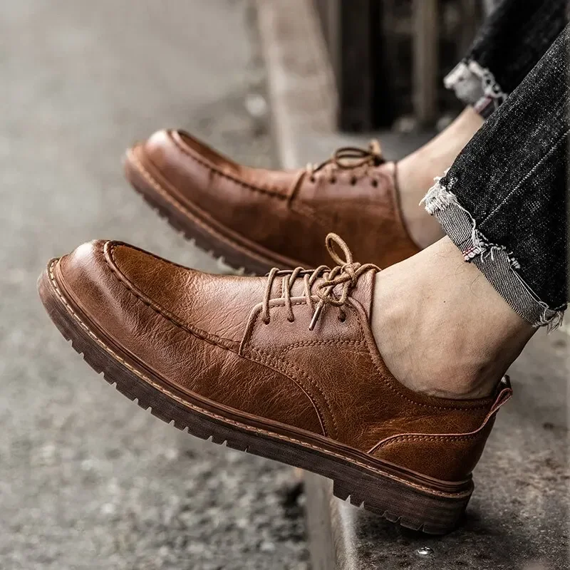 Men Casual Leather Shoe Classic Handmade Loafers Lace-up Genuine Leather Shoes Oxford Business Sneakers Men's Work Boots leather shoes leather boots