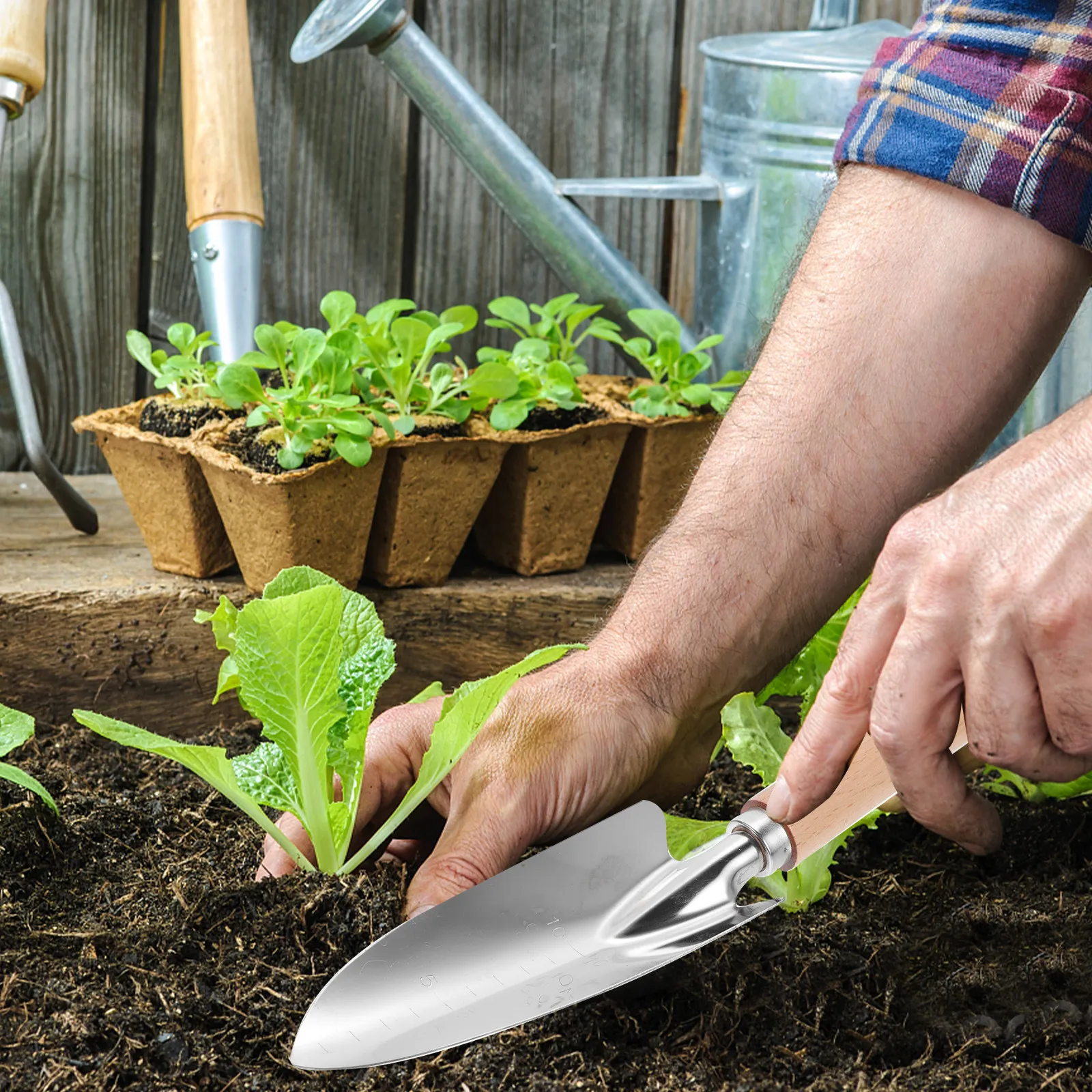 2개 세트 정원용 삽 세트, 스테인리스 스틸 재질의 나무 손잡이가 있는 심기용 삽, 이식, 제초, 흙 풀기, 통기용