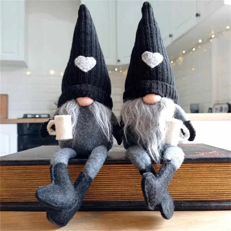 Christmas Decoration Knitted Faceless Plush Gnome Doll Hanging Leg Holding Coffee Doll Table Holiday Decor Home Daily Decoration