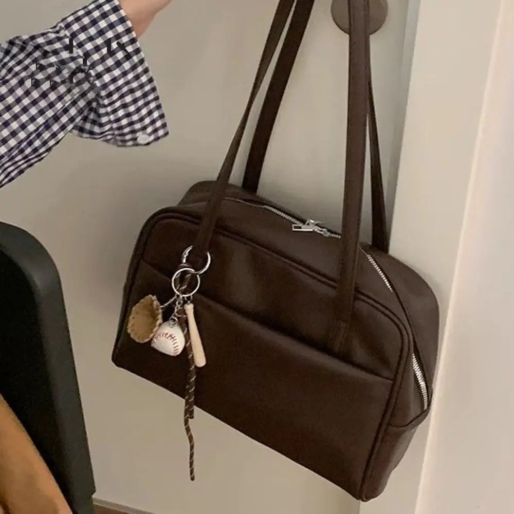 Fashion PU Leather Shoulder Bag with Pendant Large Capacity Women Girls Crossbody Bag Portable Tote Bag Shopping Bag