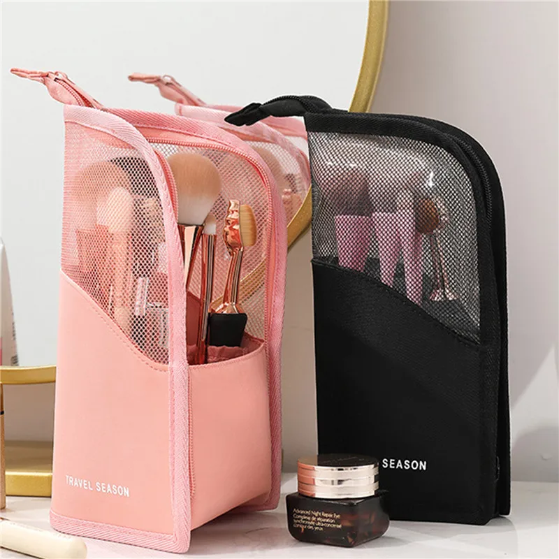 Travel-Friendly Waterproof Makeup Brush Holder and Cosmetic Bag (Black + Pink)