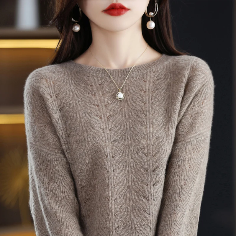 

2022 Autumn/Winter New Seamless One-Line Ready-To Wear Women's Pullover 100% WooL Round S Neck UpperBody Hollow Sweater Soft Top