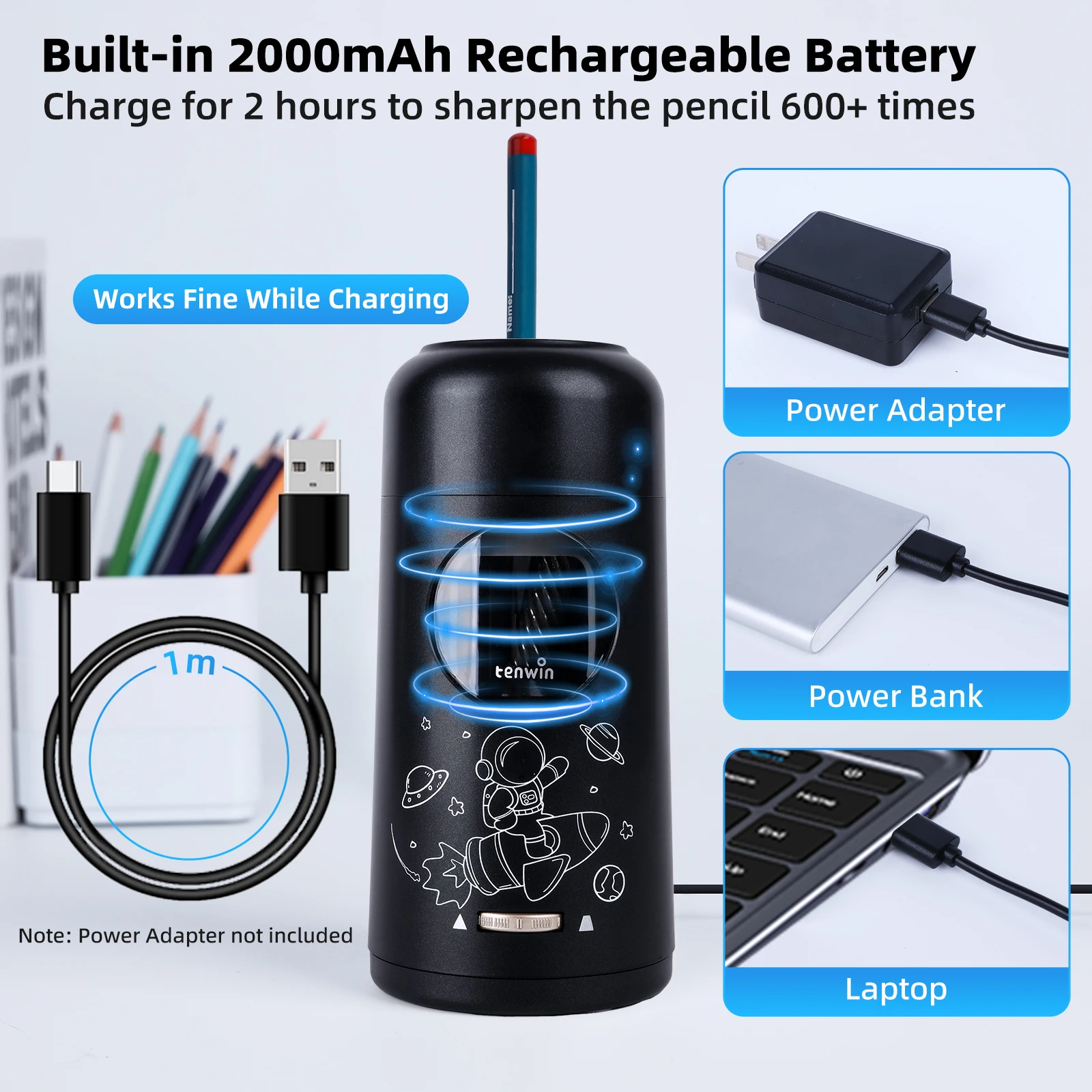 Tenwin 자동 전기 연필 샤프너, A10 C 타입 충전식 샤프너, 학생용 문구 연필 샤프너, 선물용