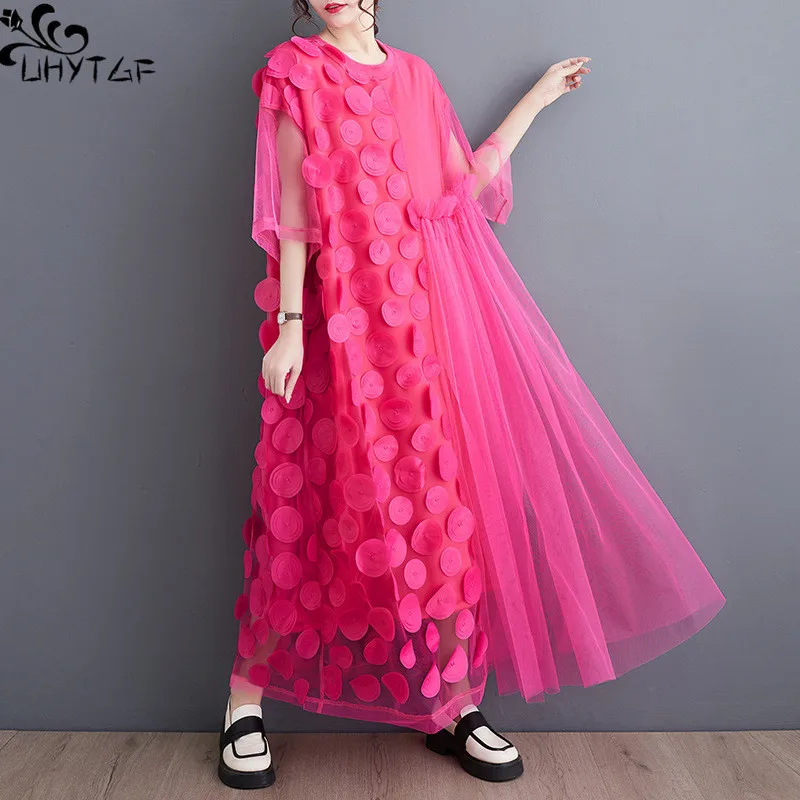 

UHYTGF Dresses For Women Summer New Loose Wave Point Mesh Splicing Short Sleeve Irregular Fashion Street Female Mid-Length Dress