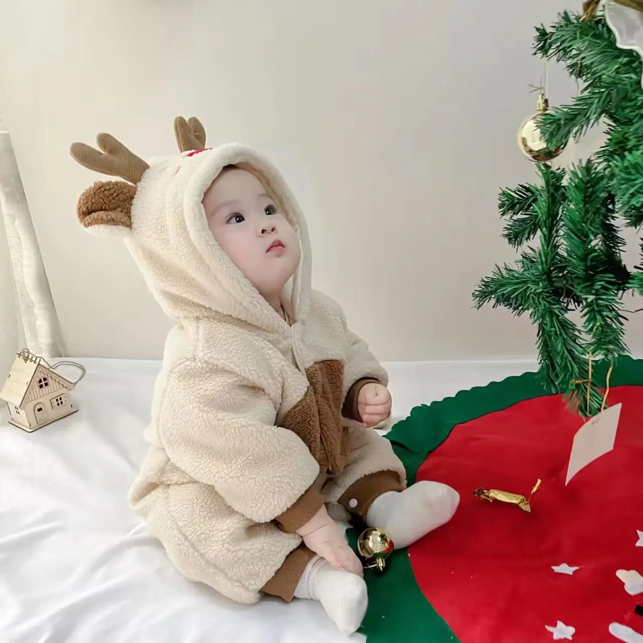 

Baby Winter Newborn Warm Rompers Baby Plush Outerwear Children's Pajamas Cute Dear Hooded Bodysuits Girls Boys Clothing