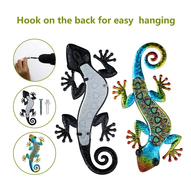 2 Db Fém Gekkó Fali Dekoráció 3 Színes Gyík Kerti Művészeti Színű Függő Üveg Szobor Beltéri Kültéri Terasz Kerítéshez - Image 6