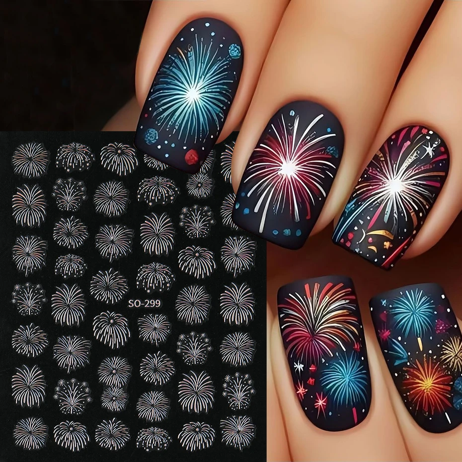 5개입 3D 불꽃놀이 네일 스티커 레이저 로맨틱 블루밍 불꽃놀이 접착 데칼 네일용 새해 DIY 네일 살롱 장식
