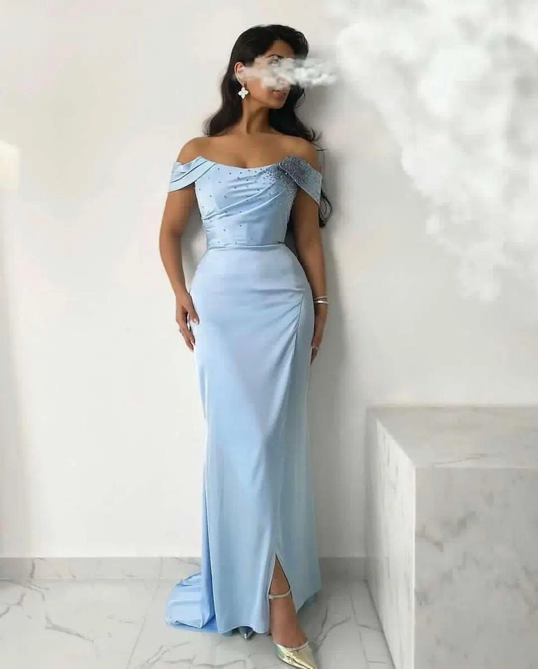 

Sexy Women's Light Sky Blue Prom Dresses Off The Shoulder Beadings Ankle Length Formal Occasion Dress Temperament Evening Dress