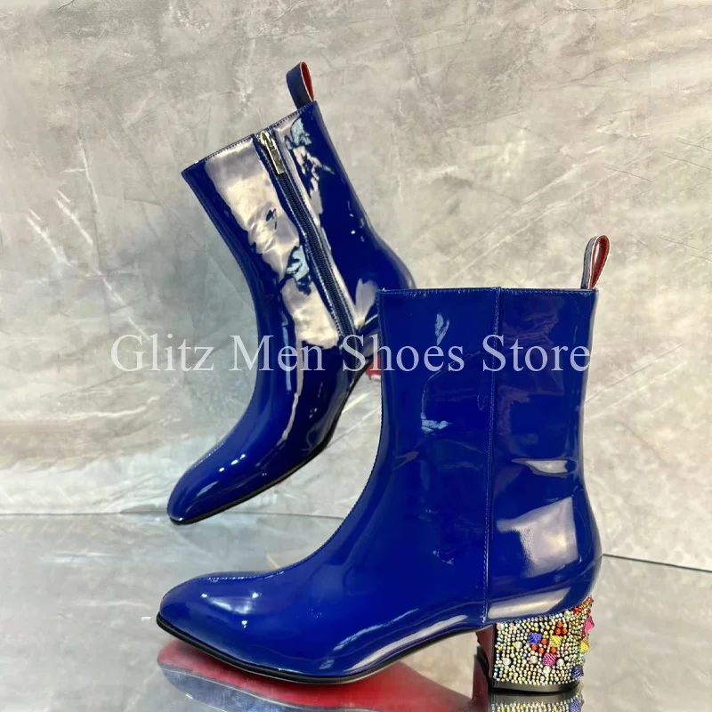 Blue Patent Leather Men's Ankle Boots Colored Rhinestone Small