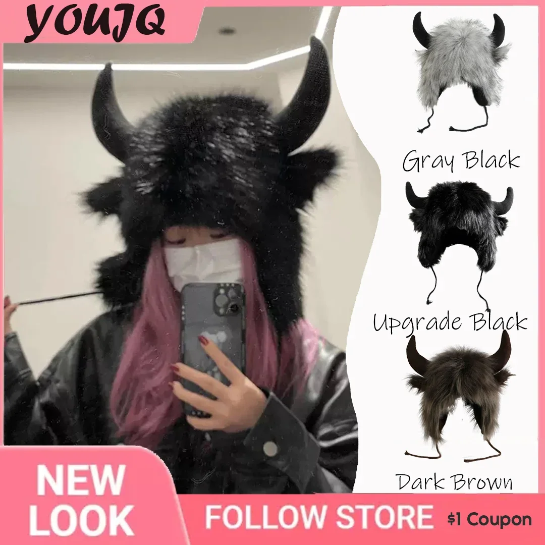 Role Play Cow Winter Hat Earflap Protection Bomber Windproof Horn