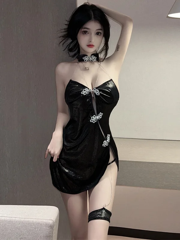 

Hollow Black Fashion Out Mature Gentle Elegant Sexy Chain Decoration Hanging Neck Hollow-out Shiny Cheongsam Dress S130