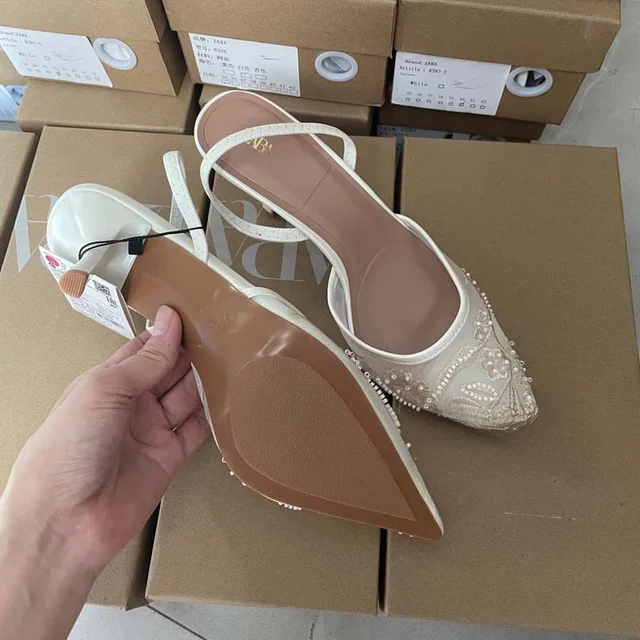 White Embroidered Pearl High Heels Women's Summer New Net Lace Pointed Toe Wrap Head Sandals European Style Sharp Elbow Shoes 2