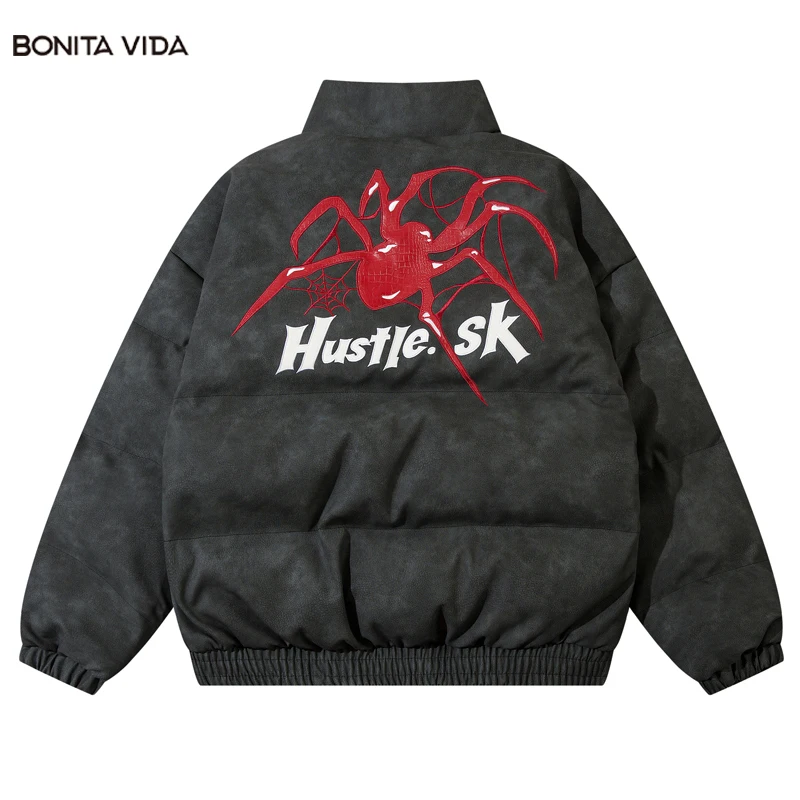 

Leather Jacket Winter Parka Hip Hop Embroidery Spider Web PU Thick Warm Coats Streetwear 2023 Vintage Harajuku Waterproof Parkas