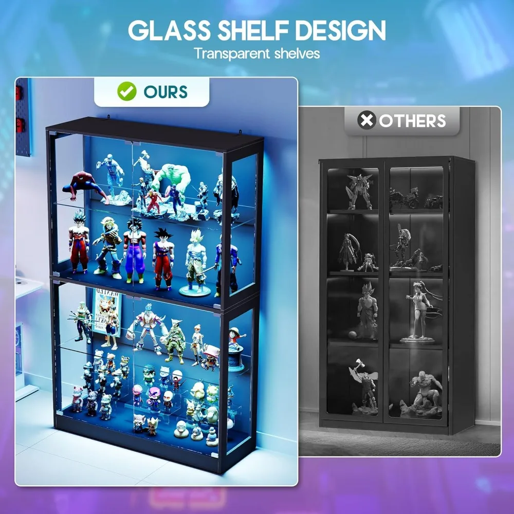 rgb display cabinet with adjustable glass shelves, 4-tier storage case with led lights & press-to-open doors, modern display sh