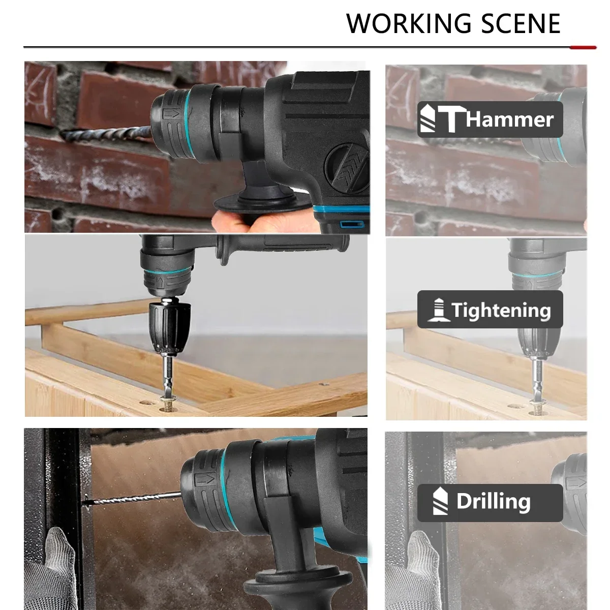 WOBERICH Brushless Electric Hammer Drill Multifunctional Rotary Cordless Rechargeable Power Tools For Makita 18V Battery 6