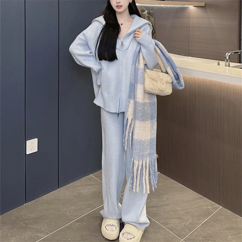 Autumn Winter Fashion Casual Loose Women Two Piece Set Knitted Zipper Long Sleeve Winter Warm Cardigan Coat+Wide Leg Pants Suit 4