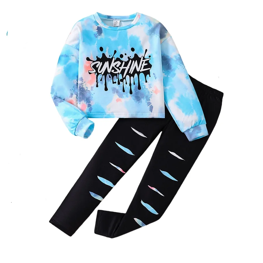 2-teilige Mädchen Frühling und Herbst Mode Tie-Dye Brief Rundhals ausschnitt Langarm schwarz schlanke Hose Anzug – Detail 7