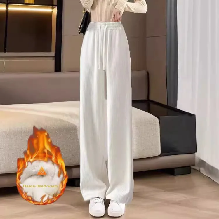 High Waist Wide Leg Pants Women's Fce Lined European Cotton Velvet Spring Autumn Winter Loose Fit Casual Straight Leg Trou...