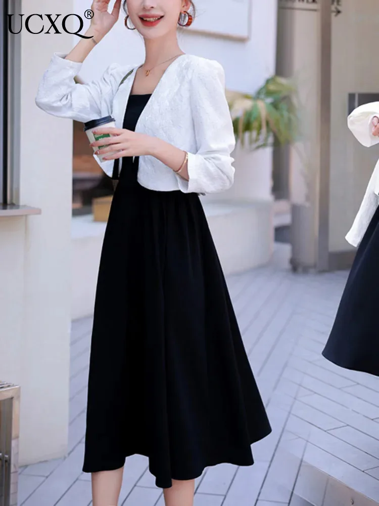 

UCXQ New Chinese Style Printed V-neck Frog Short Jacket Elegant Sleeveless Dress Two-piece Set Women 2024 Spring Summer 23A7972