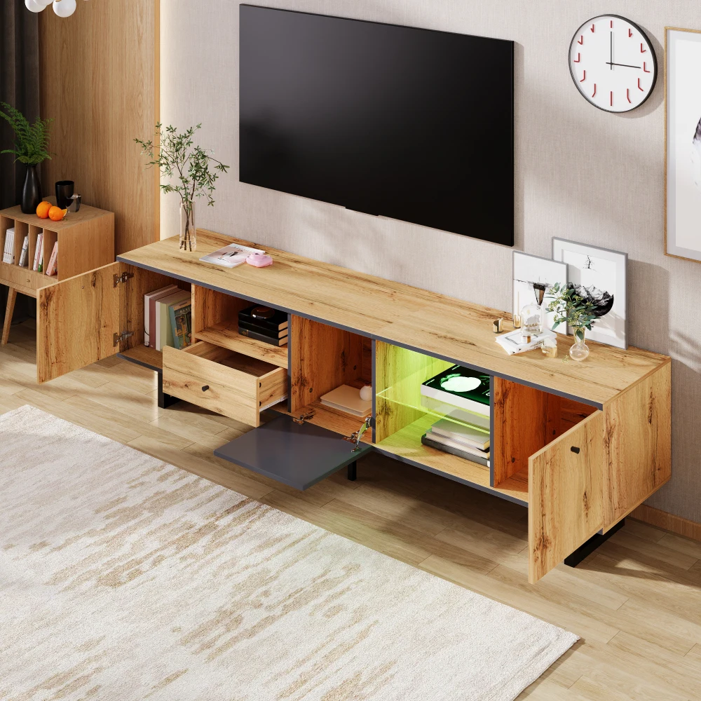 PINGGO TV-Ständer Lowboard mit LED-Lichteffekt Glaspartition Puffer-Scharnier Farblich Abgestimmtes Design Moderner Wohnzimmerschrank – Detail 9