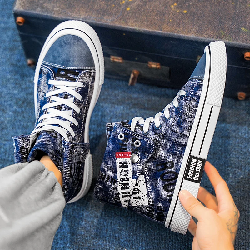 HKDQ High Top Canvas Shoes Men Fashion Casual Blue Men's Vulcanize Shoes Street Style Breathable Denim Designer Sneakers For Men 3