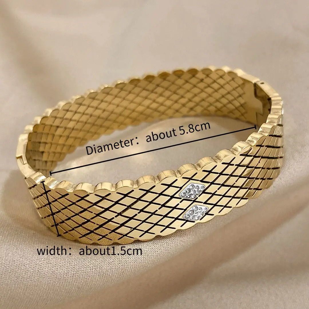 Stainless Steel Corssed Rhombus Grid Bracelet Bangle for Women Waterproof Rhinestones Cuff Bracelet Wristband Jewelry Gifts 6