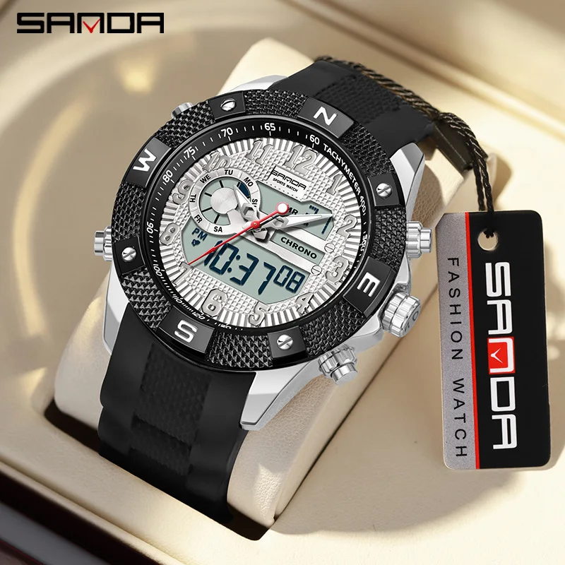 

SANDA 3308 Men Electronic Watches Creative Unique Outdoors Date Chronograph Dual Display Silicone Strap Wrist Watches for Male