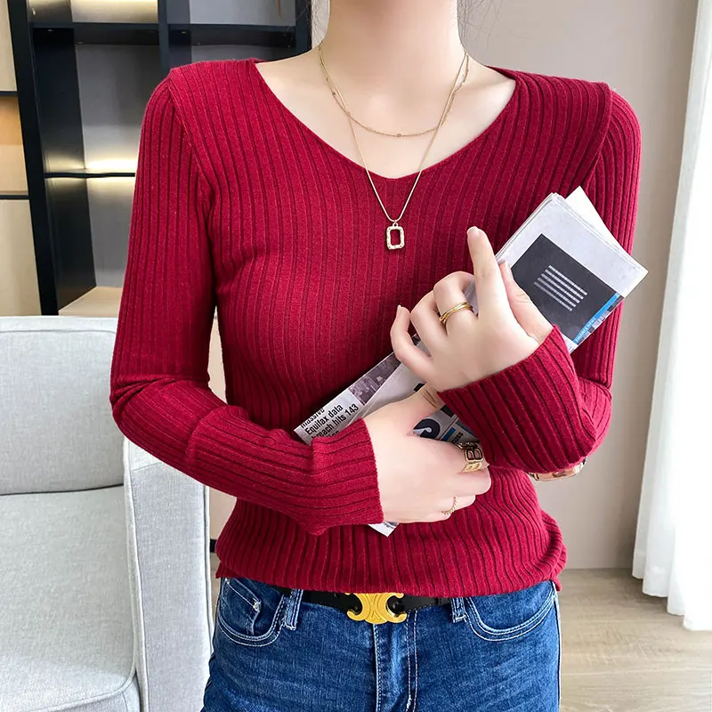 pink sweater 2022 Spring And Autumn New Style Wool Sweater Women's V-Neck Pullover With Solid Color Bottoming Slim Fashion cardigan for women Sweaters