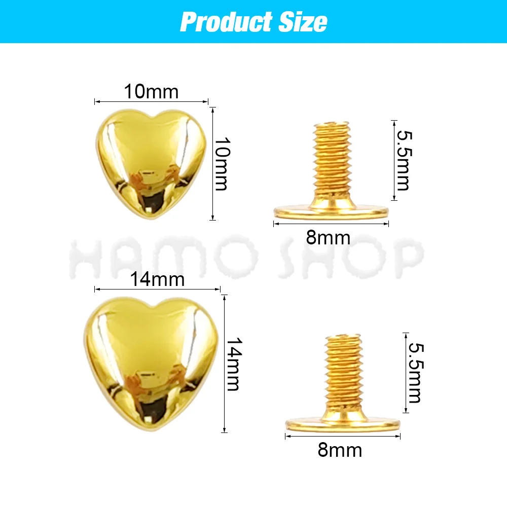 Metal Rivets Belt Strap Rivets Metal Studs Leather Rivets 10Set 10/14mm Heart Shape Metal Screwback Rivet Screw Studs For Leathercarft Garment Belt Wallet Bag Decoration
