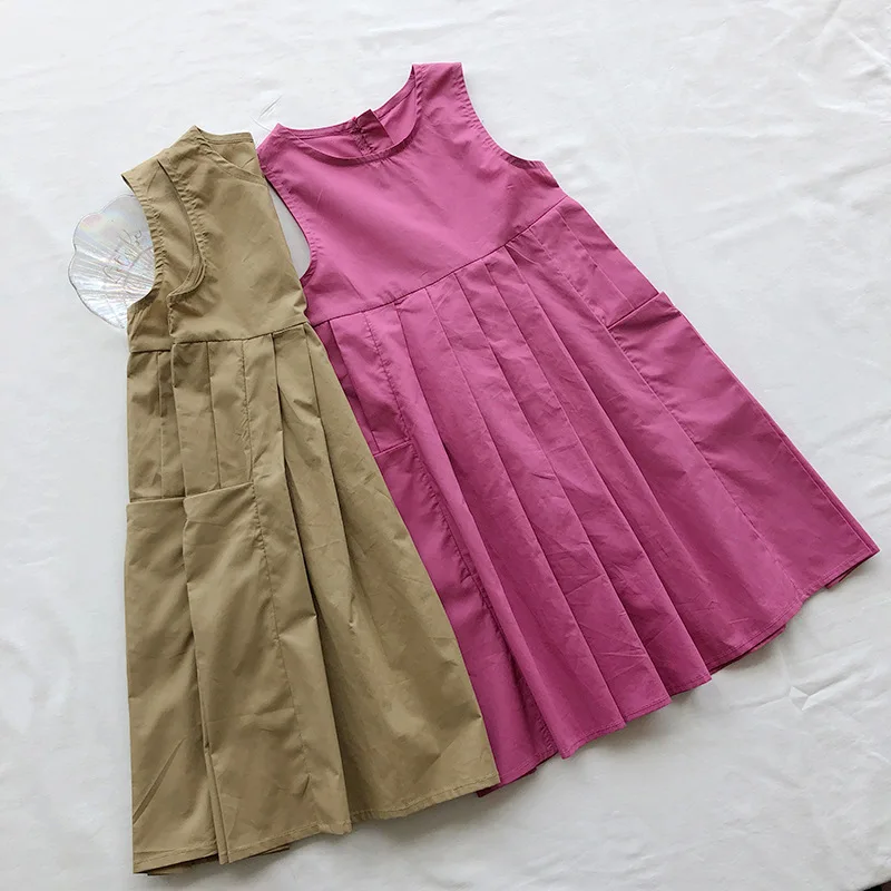 

2023 Summer New Arrival Girls Sleeveless O Neck Pleated Rose Red Roupa Infantil Menina Cute Party Dress Custume 8-10T