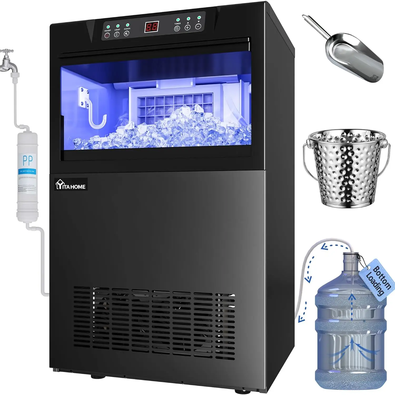 

Upgraded Commercial Ice Maker Machine 100LBS/24H, Tap Water & Bottom Loading, 33LBS Storage Bin, Under Counter Ice Mach