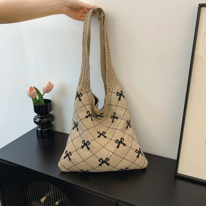 Women's Bow Knitted Eco Bag Korean Foldable Crochet Rope Shoulder Sweet Knitting Handbag Ins Tote Bag Shopper