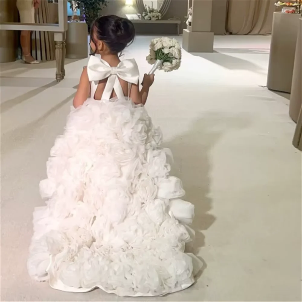 Luxury White Ivory Flower Flower Girl Dresses Pearls Dubai Kids Princess Birthday Wedding Party Children Holiday Gown flower girl dresses