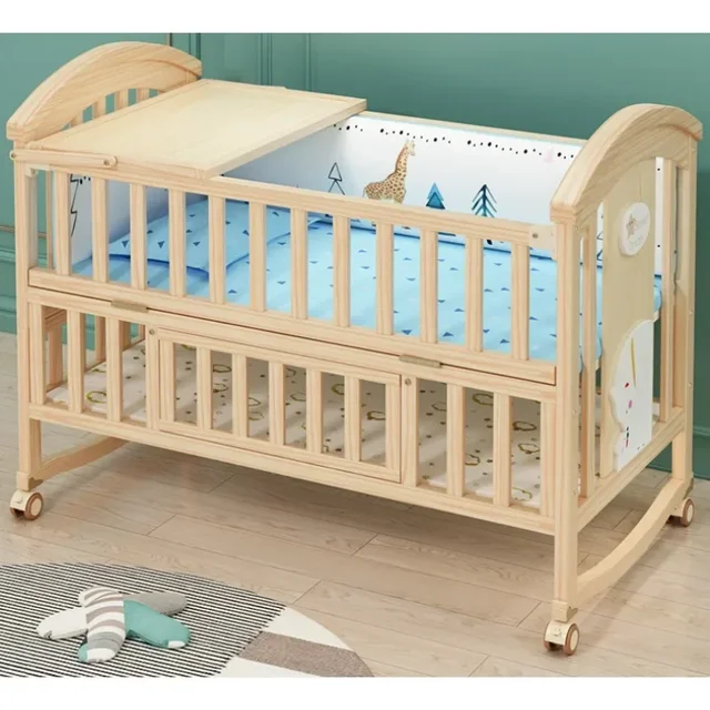 2025 New Height-adjustable Solid Wood Crib, Removable, with Diaper Changing Table and Mosquito Net, Multifunctional Crib 6