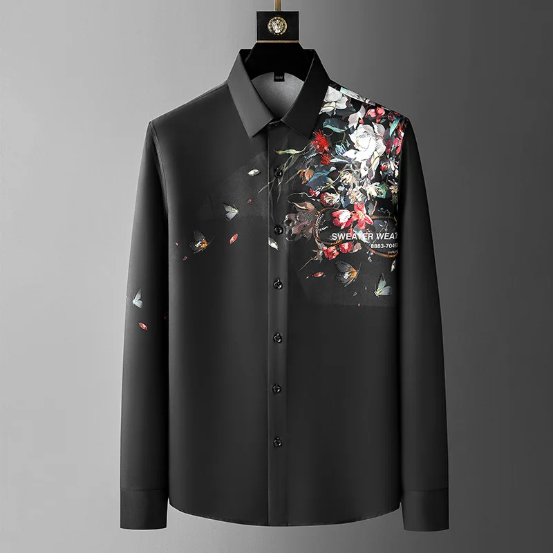 Men New High-quality Shirt Butterfly Floral Print Rhindiamondfall Sense Non-ironing Business Leisure Commuting Daily Top