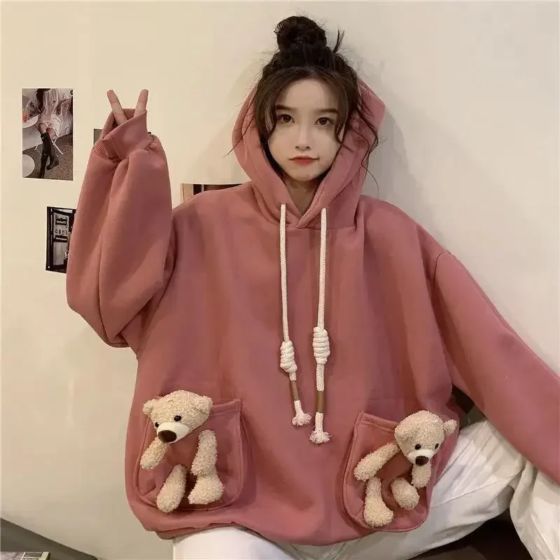 Streetwear Hoodies Women Sweatshirt Autumn Long Sleeve Hoodies Harajuku Hoodie Cute Pocket bear Sweatshirt Women Sudadera Mujer