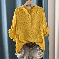 New Spring 100% Cotton Casual Shirt Women Batwing Sleeve Stand Collar Printed Top Girl OL Loose Blouses 2024 Summer T447104QM - Image 2