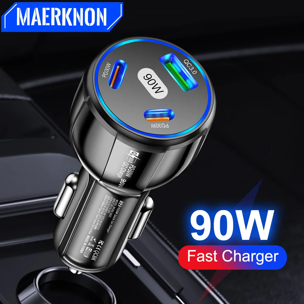 Caricabatteria Da Auto Pd Da 90W 3 Porte Ricarica Rapida Qc3.0 Adattatore Per Caricabatterie Da Auto Usb Tipo C Per Iphone 12 Caricabatterie Rapido Xi