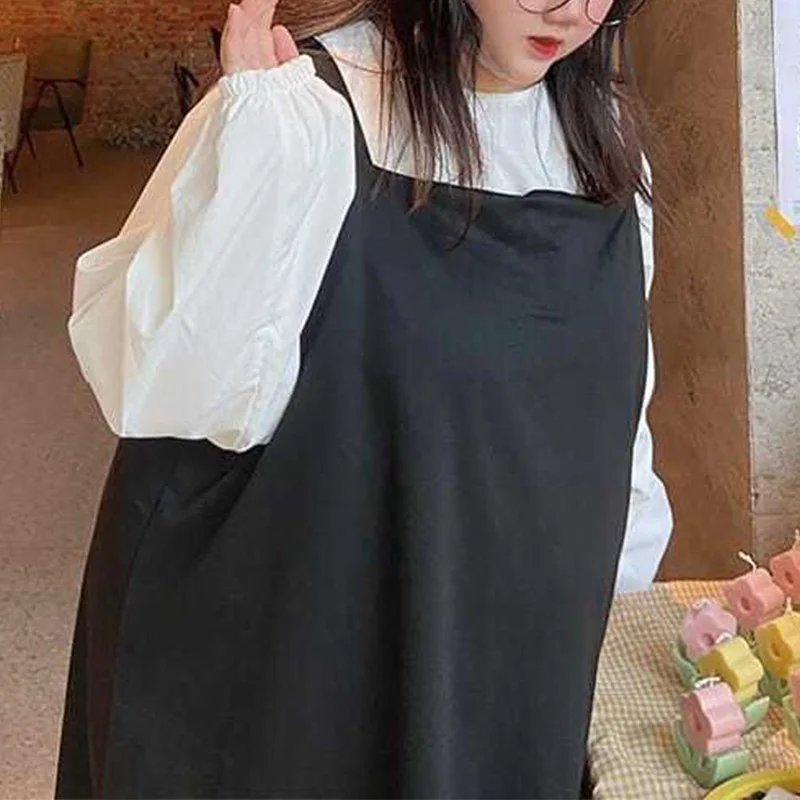 Korean Plus Size Clothes Round Neck White Puff Long Sleeve Top Fashion Black Pocket Design Loose Women's Sets Long Strap Dress