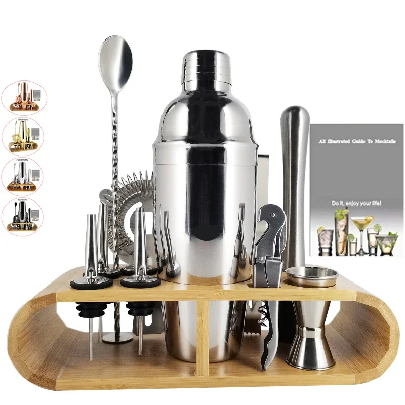 Cocktail Shaker 750ml/600ml Stainless Steel Bar Set With Wooden Rack