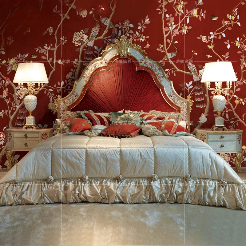 

Solid Wood Bed Master Bedroom Double Bed High Backrest Fabric Bed